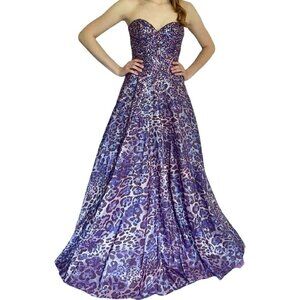 Jovani Purple Strapless Sequined Leopard Print Ball Gown Prom Dress Sz 0
